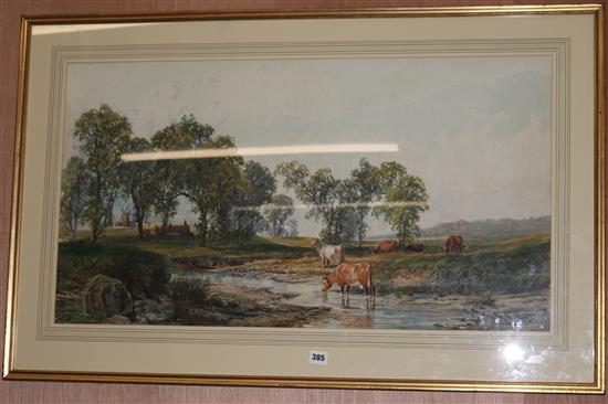 John Faulkner RHA (1835-1894), watercolour, cattle watering, ? Hants, signed and indistinctly signed, 47 x 87cm